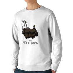 Sweat homme bio col rond blanc Yack à faucons (Mr Mouton,Animaux,Humour)