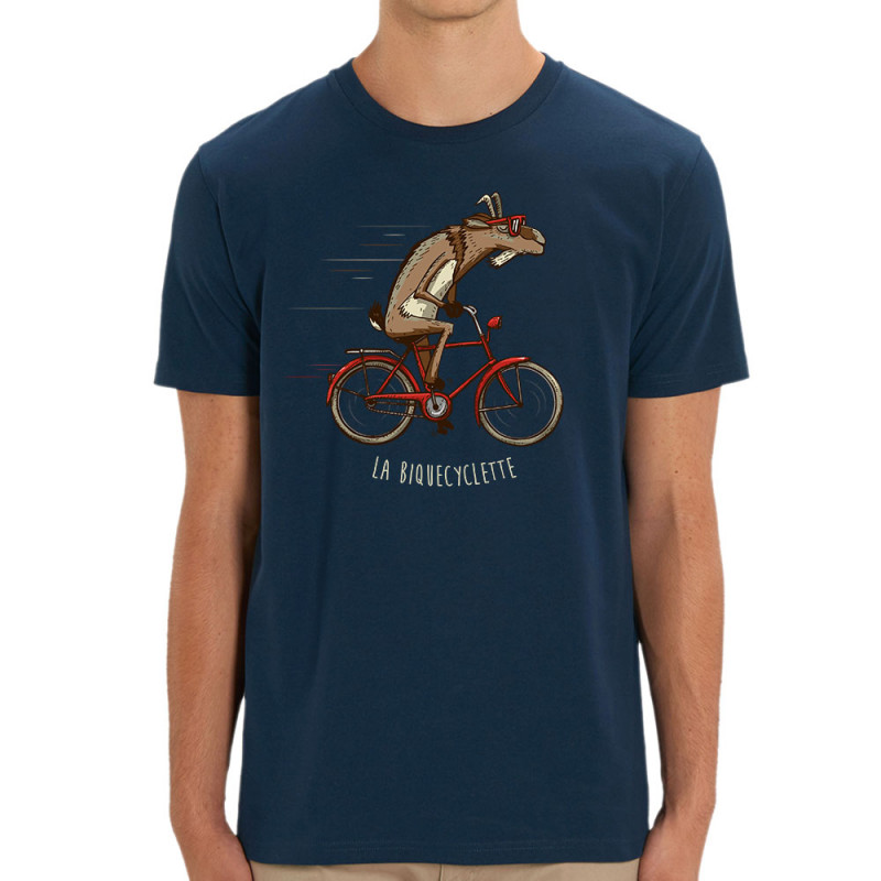 T-shirt homme coton bio bleu marine La Biquecyclette (Mr Mouton,Animaux,Vélo)