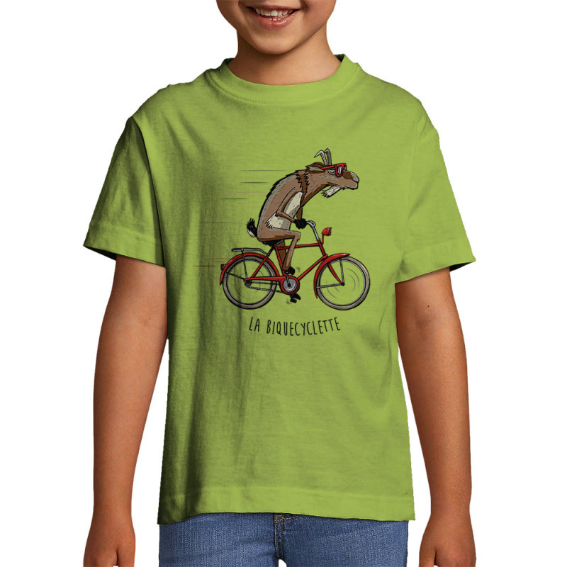 T-shirt enfant vert pomme La Biquecyclette (Mr Mouton,Animaux,Vélo)