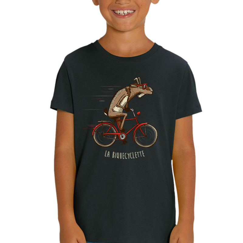 T-shirt enfant coton bio noir La Biquecyclette (Mr Mouton,Animaux,Vélo)