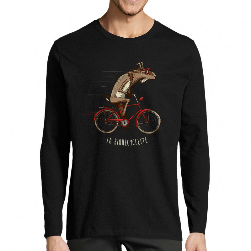 T-shirt homme manches longues noir La Biquecyclette (Mr Mouton,Animaux,Vélo)