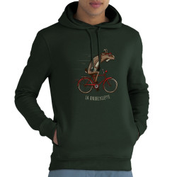 Sweat homme à capuche coton bio vert foncé La Biquecyclette (Mr Mouton,Animaux,Vélo)