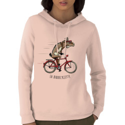 Sweat femme à capuche coton bio rose clair La Biquecyclette (Mr Mouton,Animaux,Vélo)