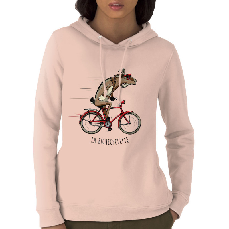 Sweat femme à capuche coton bio rose clair La Biquecyclette (Mr Mouton,Animaux,Vélo)