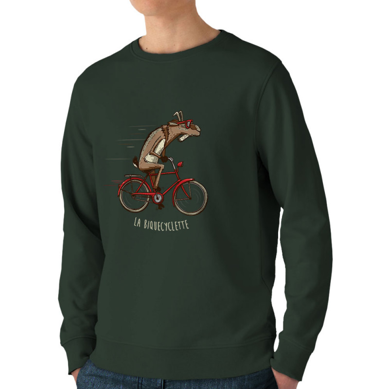 Sweat homme bio col rond vert foncé La Biquecyclette (Mr Mouton,Animaux,Vélo)