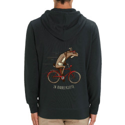 Sweat homme zippé à capuche coton bio noir La Biquecyclette (Mr Mouton,Animaux,Vélo)