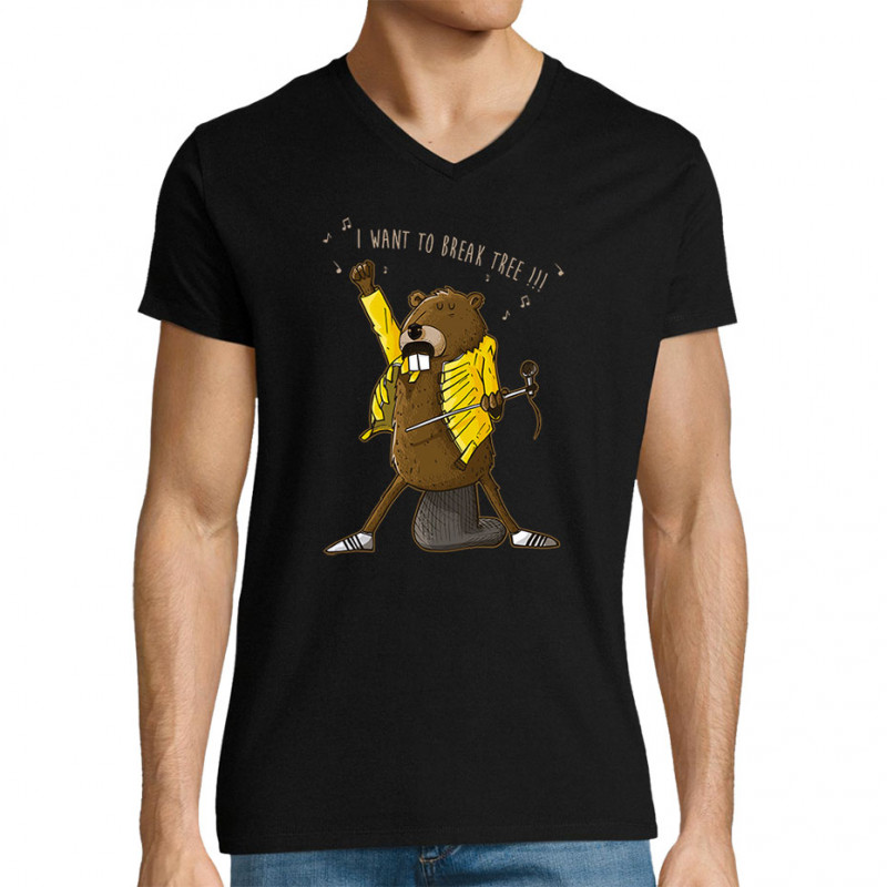 T-shirt homme col V noir Break Tree (Mr Mouton,Animaux,Humour)