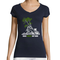 T-shirt femme col V bleu marine Make Forest Not War (Gondrax,Ecologie,Slogans engagés)