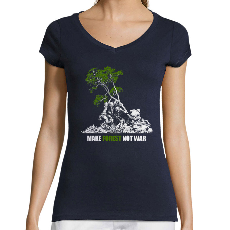 T-shirt femme col V bleu marine Make Forest Not War (Gondrax,Ecologie,Slogans engagés)