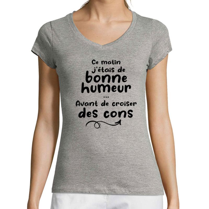 T-shirt femme col V gris chiné Croiser des cons (Gondrax,Humour,Slogans Débiles)