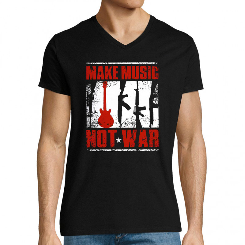 T-shirt homme col V noir Make Music Not War (Rock & Punk,Slogans engagés)