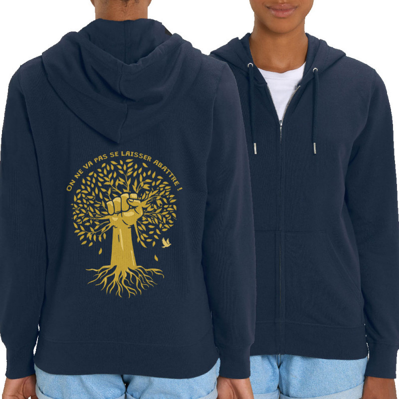 Sweat femme zippé à capuche coton bio bleu marine Se laisser abattre (Gondrax,Ecologie)