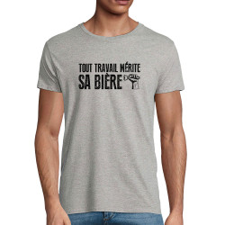 T-shirt homme coton bio gris chiné Tout travail mérite sa bière (Andy,Alcool,Slogans Débiles)