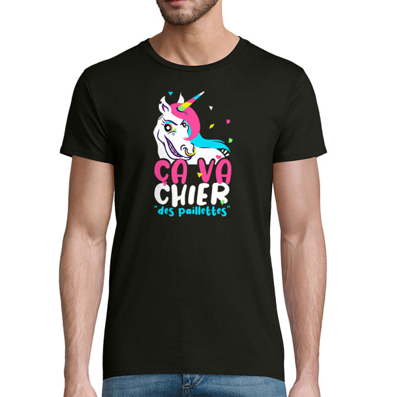 T-shirt homme coton bio noir Ca va chier des paillettes 2 (Zewa,Animaux,Humour)