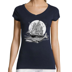 T-shirt femme col V bleu marine Whale Boat (Gondrax,Animaux,Têtes de morts)