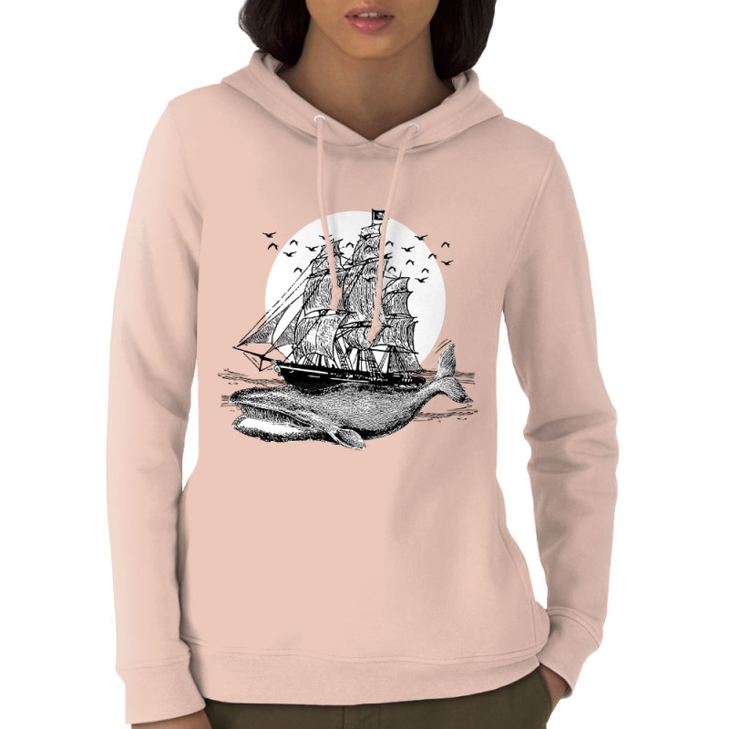 Sweat femme à capuche coton bio rose clair Whale Boat (Gondrax,Animaux,Têtes de morts)