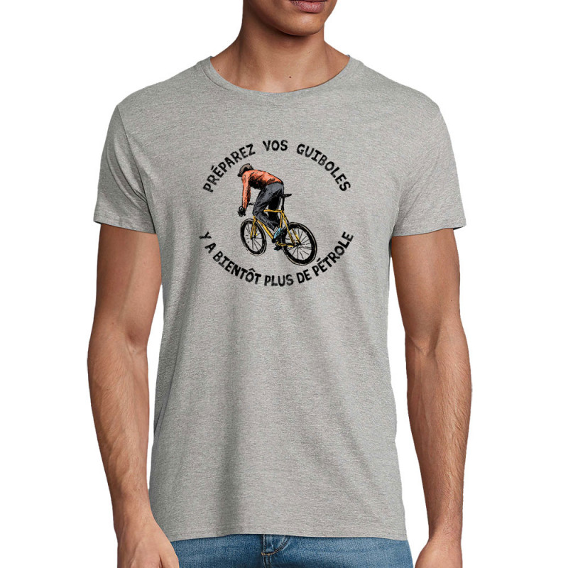 T-shirt homme coton bio gris chiné Préparez vos guiboles (Gondrax,Slogans Débiles,Ecologie,Vélo)
