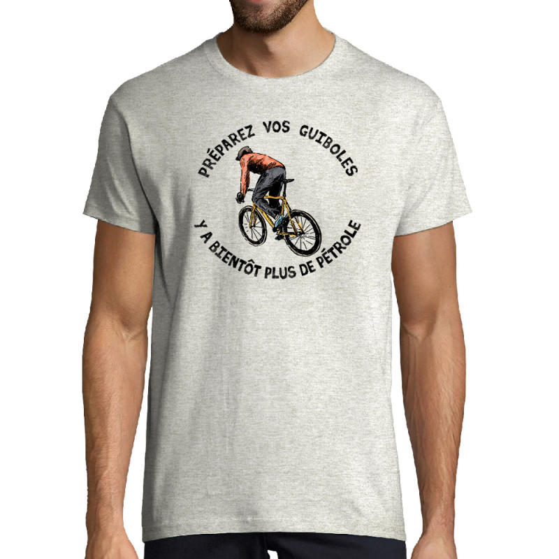 Tee-shirt homme blanc chiné Préparez vos guiboles (Gondrax,Slogans Débiles,Ecologie,Vélo)