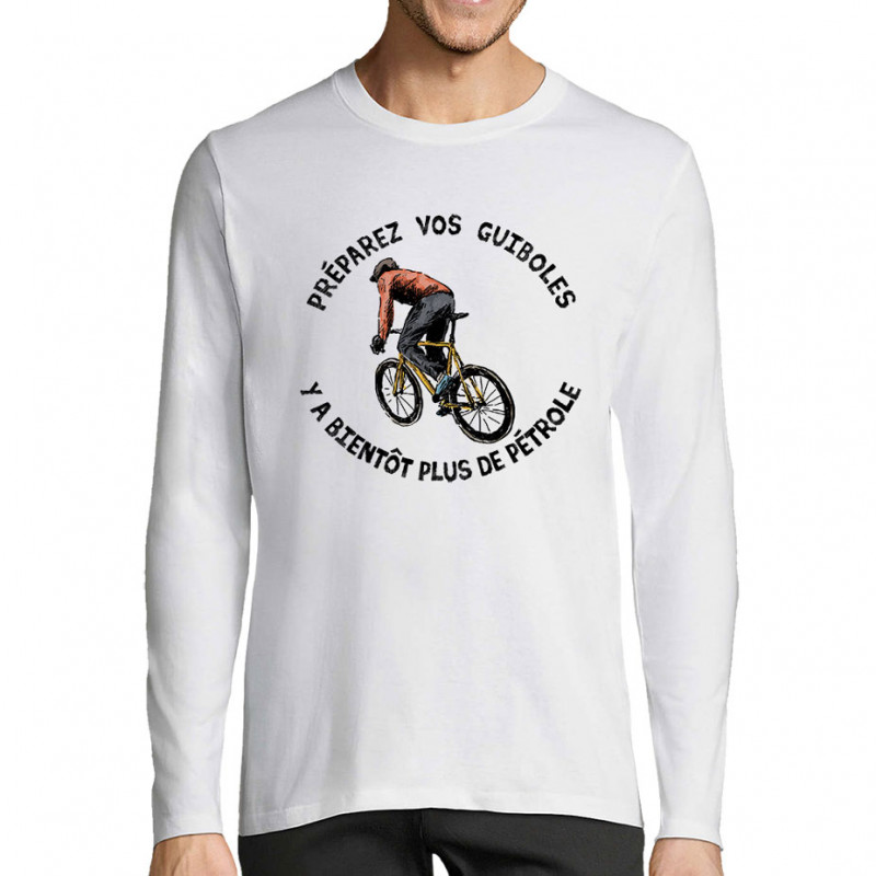 T-shirt homme manches longues blanc Préparez vos guiboles (Gondrax,Slogans Débiles,Ecologie,Vélo)