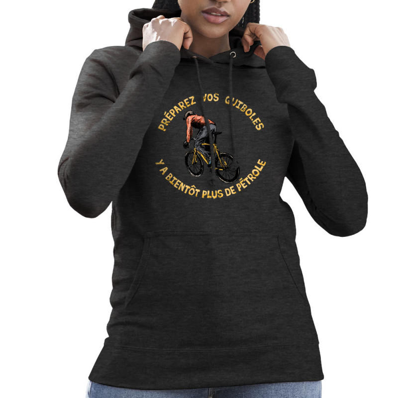 Sweat femme à capuche gris anthracite Préparez vos guiboles (Gondrax,Slogans Débiles,Ecologie,Vélo)