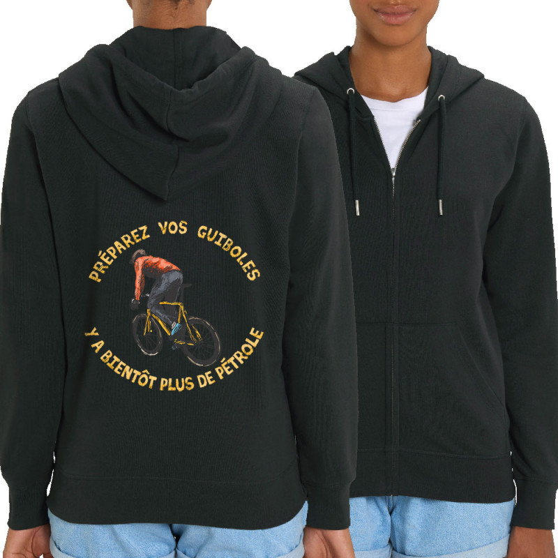 Sweat femme zippé à capuche coton bio noir Préparez vos guiboles (Gondrax,Slogans Débiles,Ecologie,Vélo)