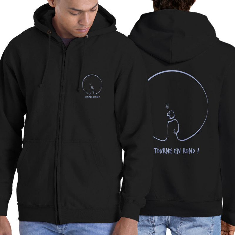 Sweat homme à capuche zippé noir On tourne en rond (Gondrax,Humour,Slogans engagés)