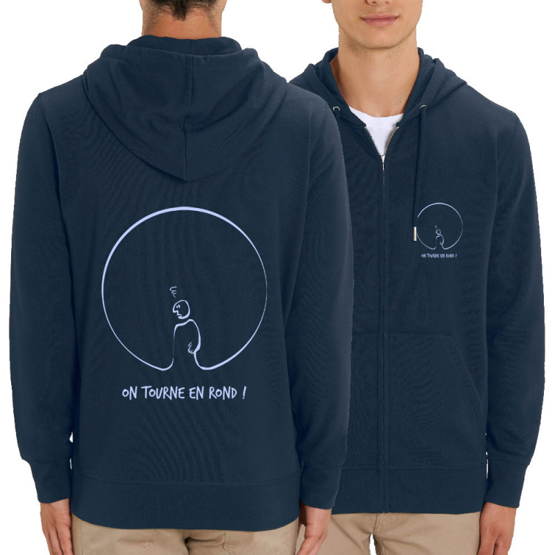 Sweat homme zippé à capuche coton bio bleu marine On tourne en rond (Gondrax,Humour,Slogans engagés)