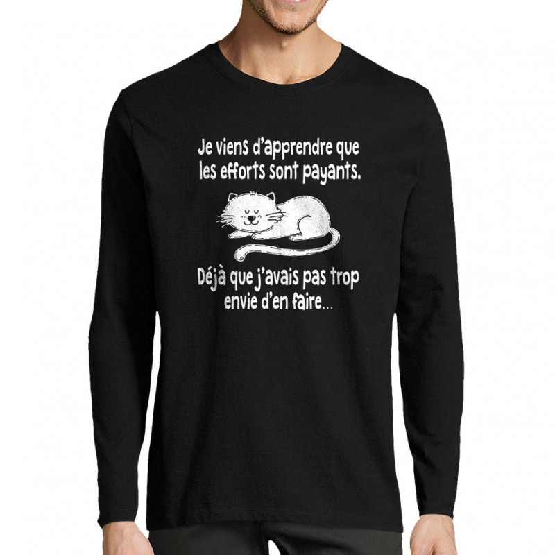 T-shirt homme manches longues noir Les efforts sont payants (Gondrax,Humour,Animaux,Chats,Paresse)