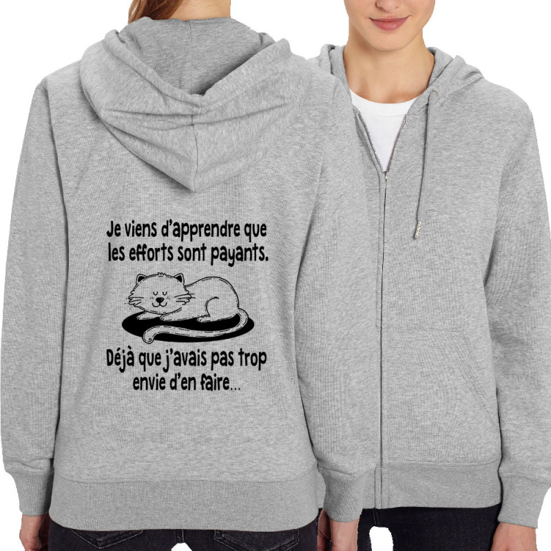 Sweat femme zippé à capuche coton bio gris chiné Les efforts sont payants (Gondrax,Humour,Animaux,Chats,Paresse)