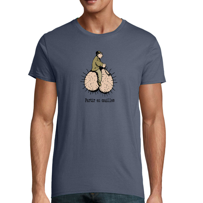 T-shirt homme coton bio bleu denim Partir en couilles (Gondrax,Humour,Partir en …)