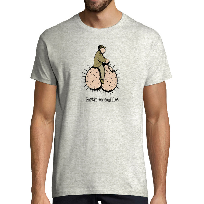 Tee-shirt homme blanc chiné Partir en couilles (Gondrax,Humour,Partir en …)