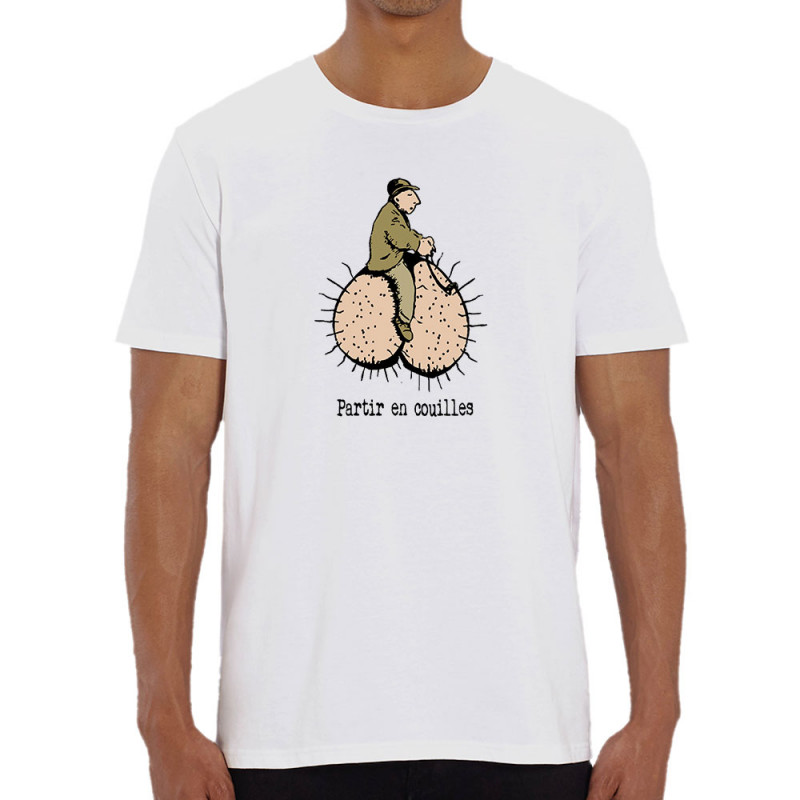 T-shirt homme coton bio blanc Partir en couilles (Gondrax,Humour,Partir en …)