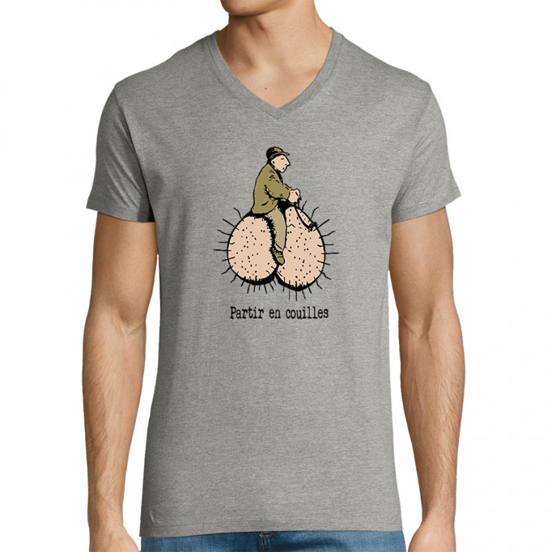 T-shirt homme col V gris chiné Partir en couilles (Gondrax,Humour,Partir en …)