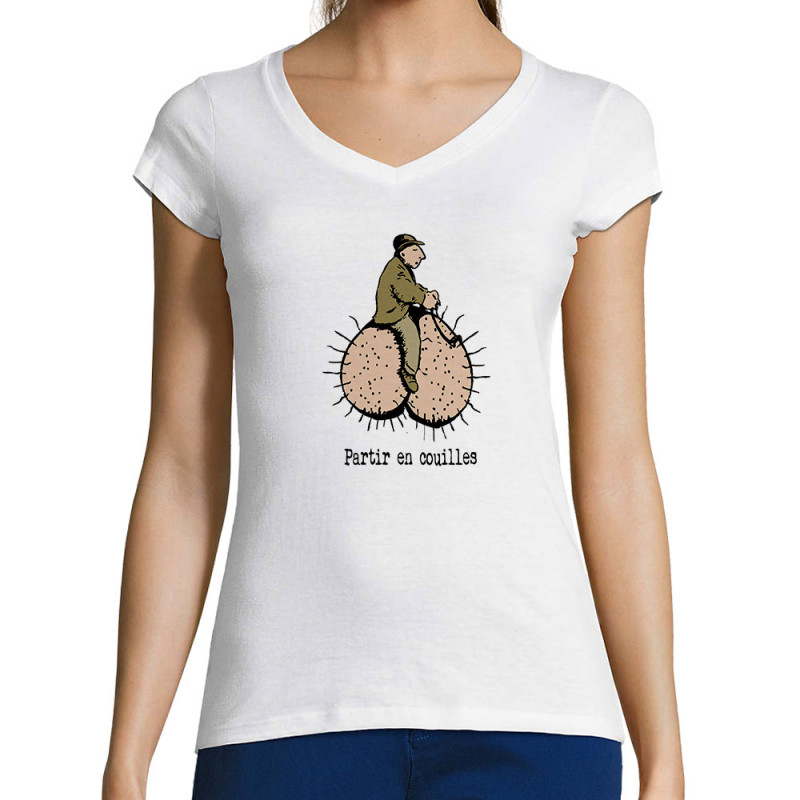 T-shirt femme col V blanc Partir en couilles (Gondrax,Humour,Partir en …)