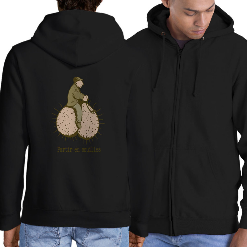 Sweat homme à capuche zippé noir Partir en couilles (Gondrax,Humour,Partir en …)