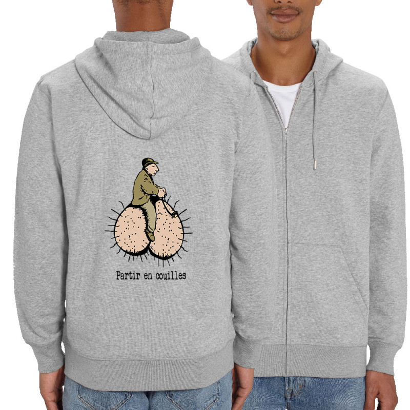 Sweat homme zippé à capuche coton bio gris chiné Partir en couilles (Gondrax,Humour,Partir en …)