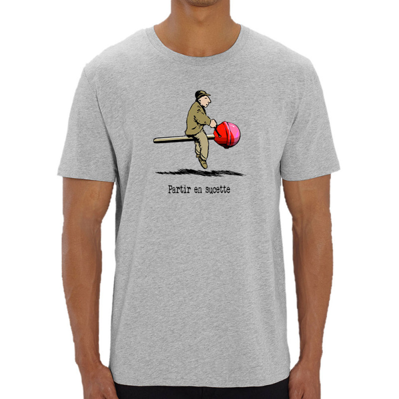 T-shirt homme coton bio gris chiné Partir en sucette (Gondrax,Humour,Partir en …)