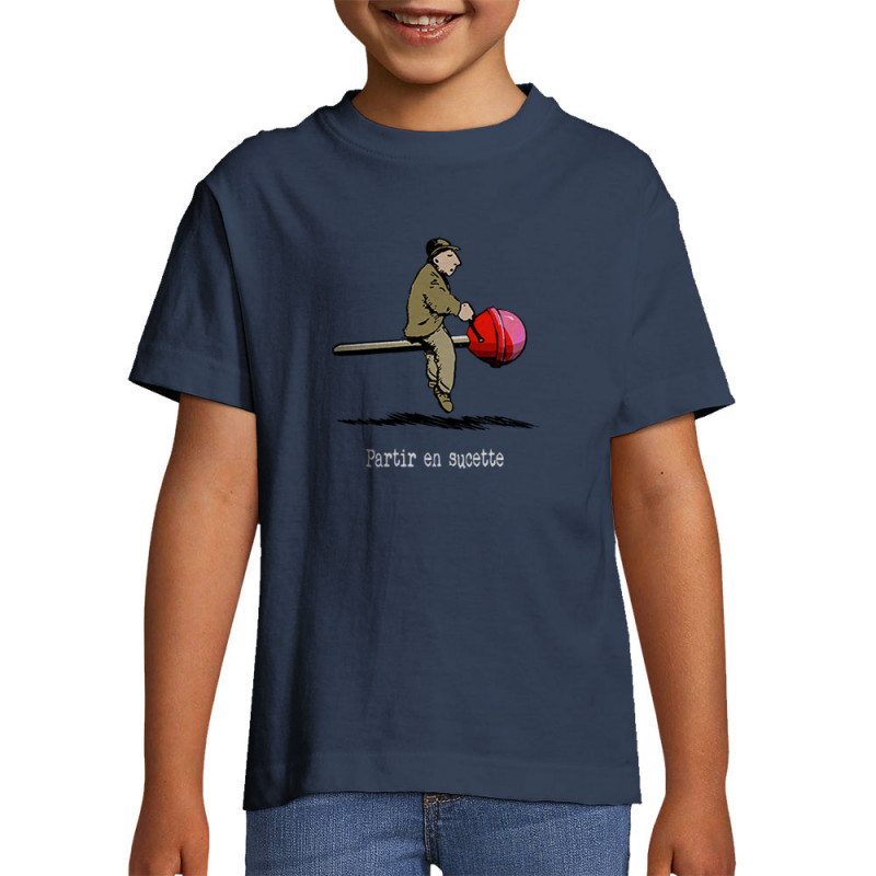 T-shirt enfant bleu denim Partir en sucette (Gondrax,Humour,Partir en …)