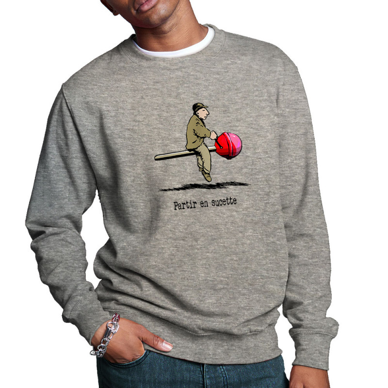 Sweat homme col rond gris chiné Partir en sucette (Gondrax,Humour,Partir en …)