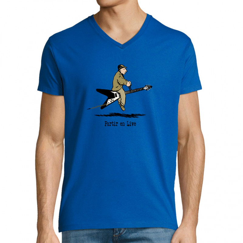 T-shirt homme col V bleu royal Partir en live (Gondrax,Humour,Partir en …)