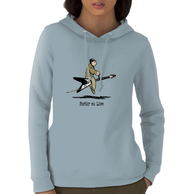 Sweat femme à capuche coton bio bleu ciel Partir en live (Gondrax,Humour,Partir en …)