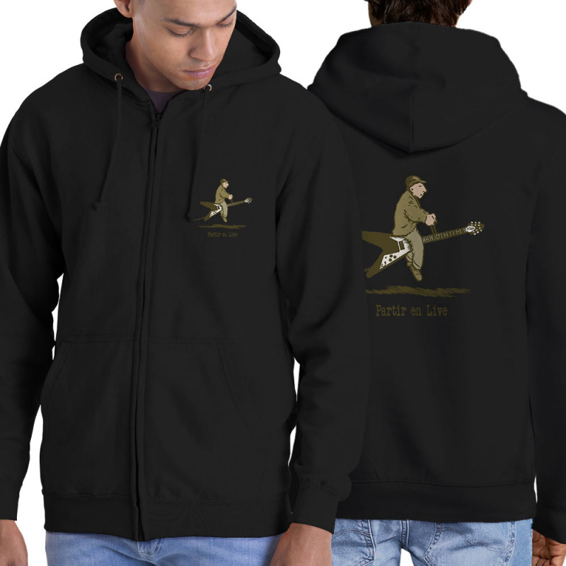 Sweat homme à capuche zippé noir Partir en live (Gondrax,Humour,Partir en …)