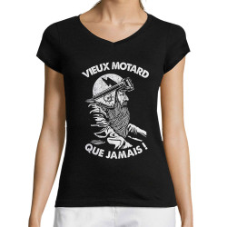 T-shirt femme col V noir Vieux motard que jamais (Gondrax,Humour,Moto,Slogans Débiles)