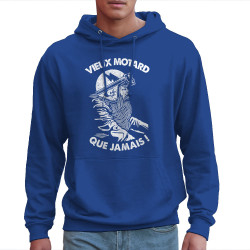 Sweat homme à capuche bleu royal Vieux motard que jamais (Gondrax,Humour,Moto,Slogans Débiles)