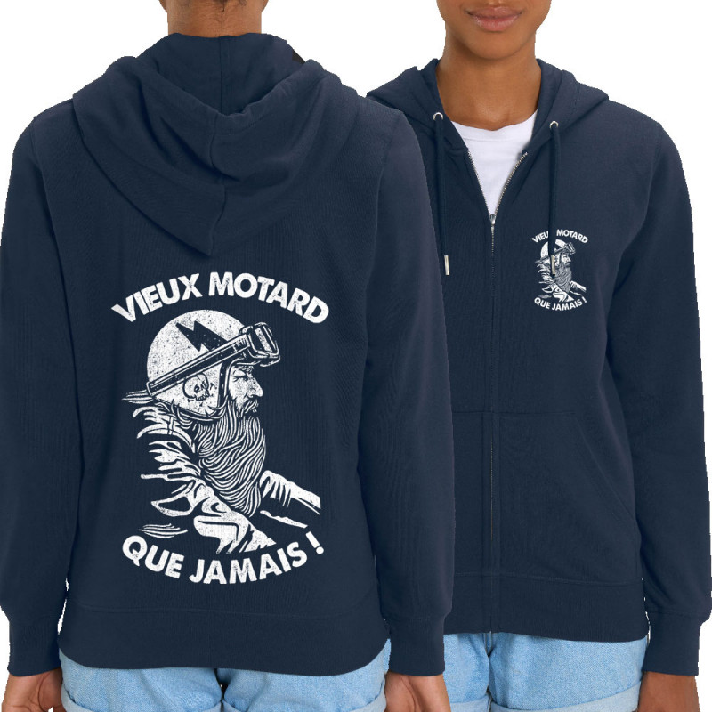 Sweat femme zippé à capuche coton bio bleu marine Vieux motard que jamais (Gondrax,Humour,Moto,Slogans Débiles)