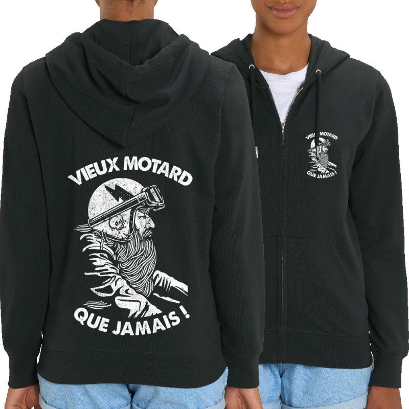 Sweat femme zippé à capuche coton bio noir Vieux motard que jamais (Gondrax,Humour,Moto,Slogans Débiles)