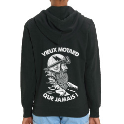 Sweat femme zippé à capuche coton bio noir Vieux motard que jamais (Gondrax,Humour,Moto,Slogans Débiles)