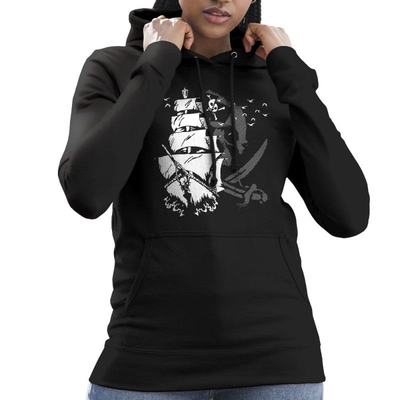 Sweat femme à capuche noir Pirate Boat (Gondrax,Têtes de morts)
