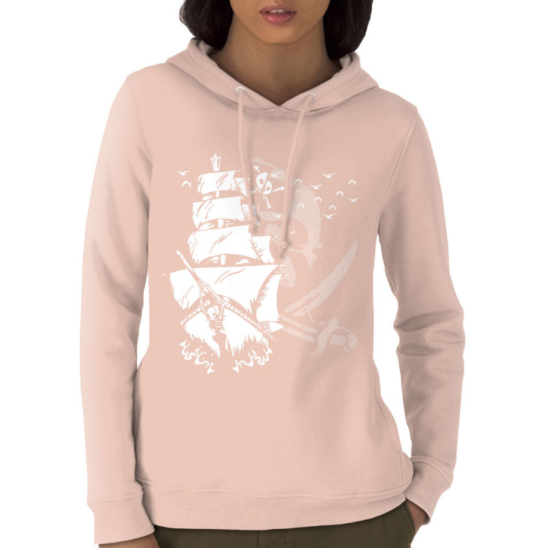 Sweat femme à capuche coton bio rose clair Pirate Boat (Gondrax,Têtes de morts)