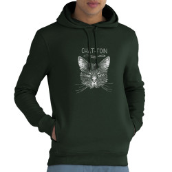 Sweat homme à capuche coton bio vert foncé Chat-foin (Gondrax,Les Bébêtes,Animaux,Chats)